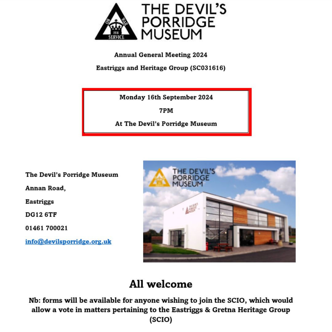 Poster for The Devil's Porridge Museum's annual general meeting happening on Monday 16th September 2024 at The Devil's Porridge Museum.
