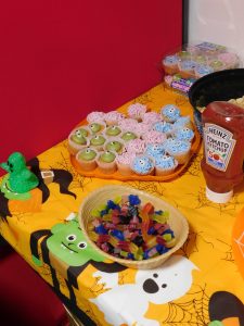 Halloween cupcakes and jelly sweets.