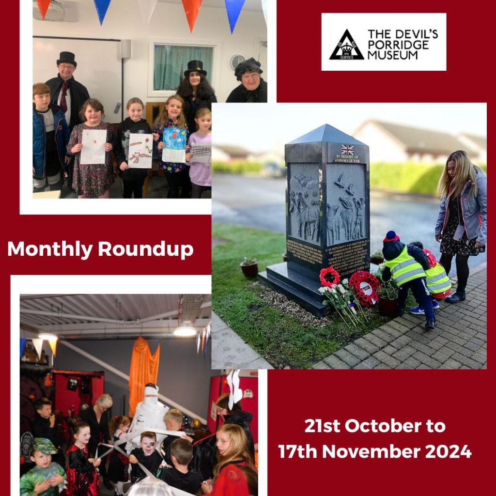 Collage of photos from Mostly Ghostly spooky storytelling session, the children's Halloween party and Animals in War Remembrance Service. It reads Monthly Roundup 21st October to 17th November 2024.