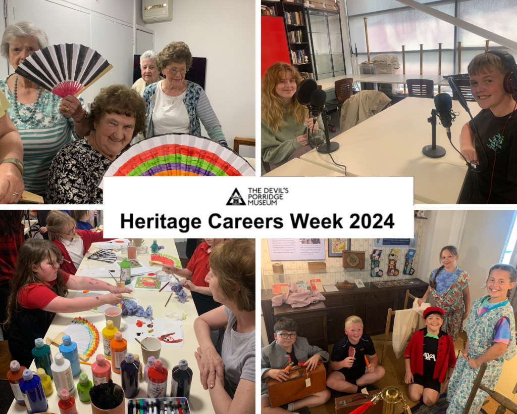 Photos of the museum's cordite club, Arts and Crafts club, past podcast event and a school visit with the words Heritage Careers Week 2024.