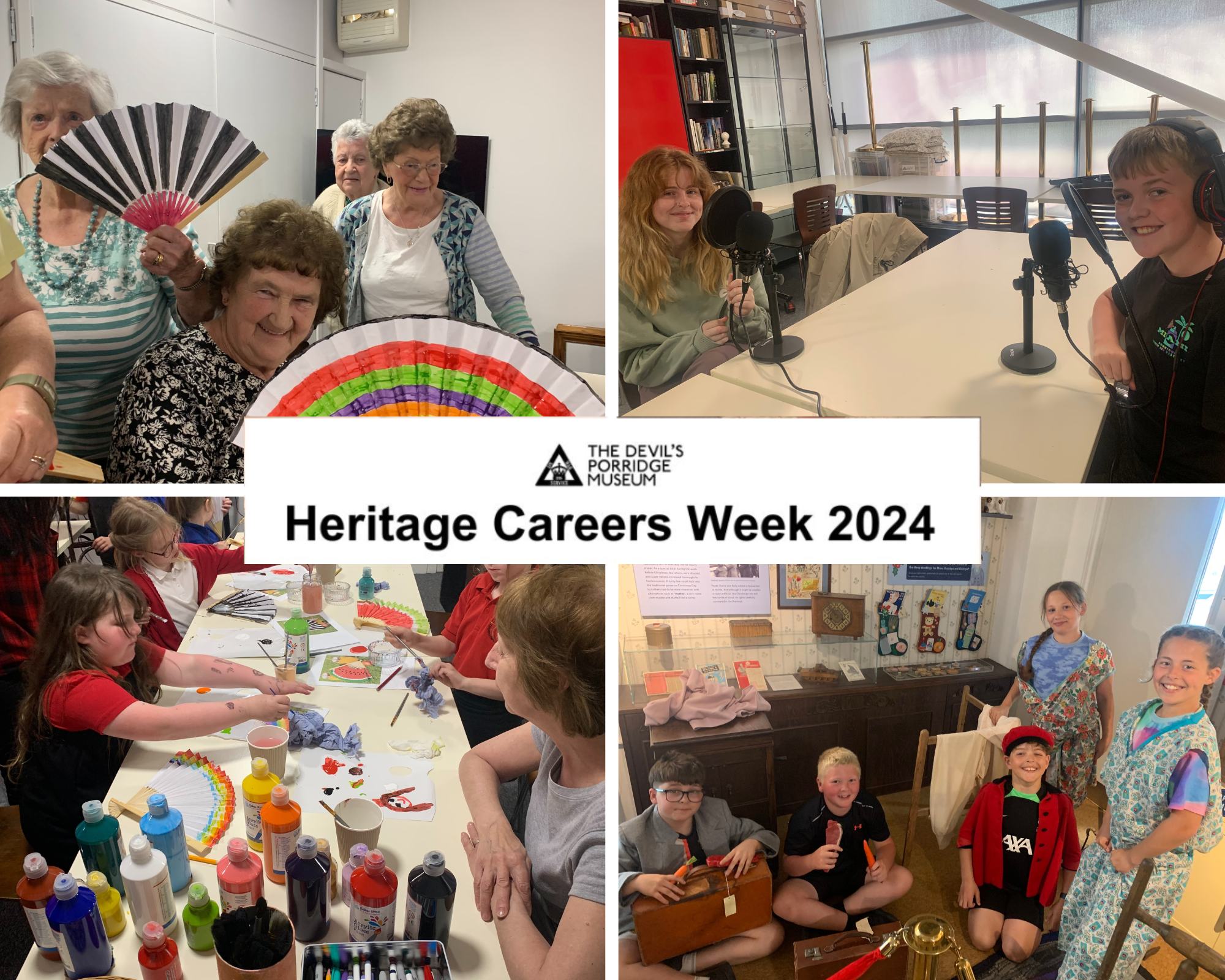 Photos of the museum's cordite club, Arts and Crafts club, past podcast event and a school visit with the words Heritage Careers Week 2024.