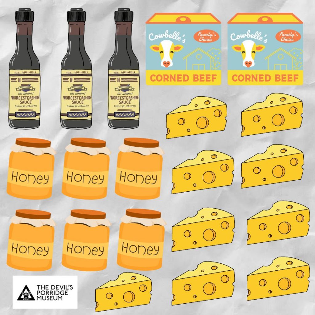 Graphic of Worcester sauce, corned beef, honey and cheese.