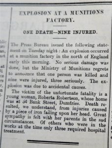 Newspaper article about an "Explosion at a Munitions Factory." This is about the explosion which caused Roberta Robertson's death.