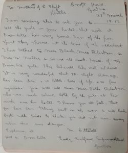 Entry about an explosion at Broomhills at H.M. Factory Gretna from Lady Welfare Superintendent M. Cotterell from the autograph book of Helen Jane Morrison.
