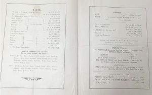 Paper programme for a performance of The Gondoliers at The Border Hall, Gretna in December 1918. A.M. Lupton appears as stage manager and in the cast list. There is also information about the special trains for the performance.