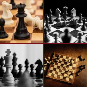 Chess boards and pieces in a collage of four photos.