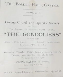 Front cover of a programme for the Gretna Choral and Operatic Society at The Border Hall Gretna in 1918.