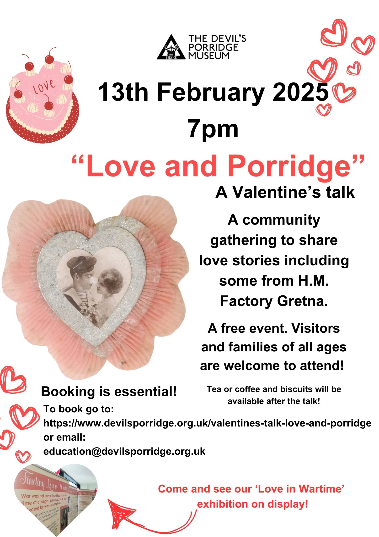 Poster for Love in Porridge talk at The Devil's Porridge Museum on Thursday 13th February 2025 at 7pm. This will be a community gathering to share love stories including those from H.M. Factory Gretna. Booking is essential. You can book on The Devil's Porridge Museum's website or by emailing education@devilsporridge.org.uk