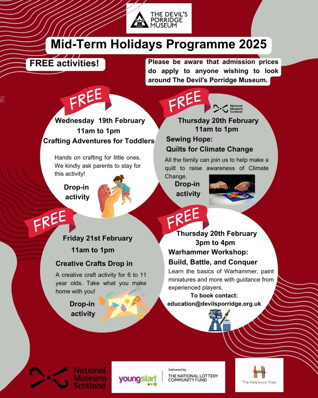 Mid-Term Holiday Programme for 2025 at The Devil's Porridge Museum 2025 poster. It features a selection of four free activities for young people at The Devil's Porridge Museum.