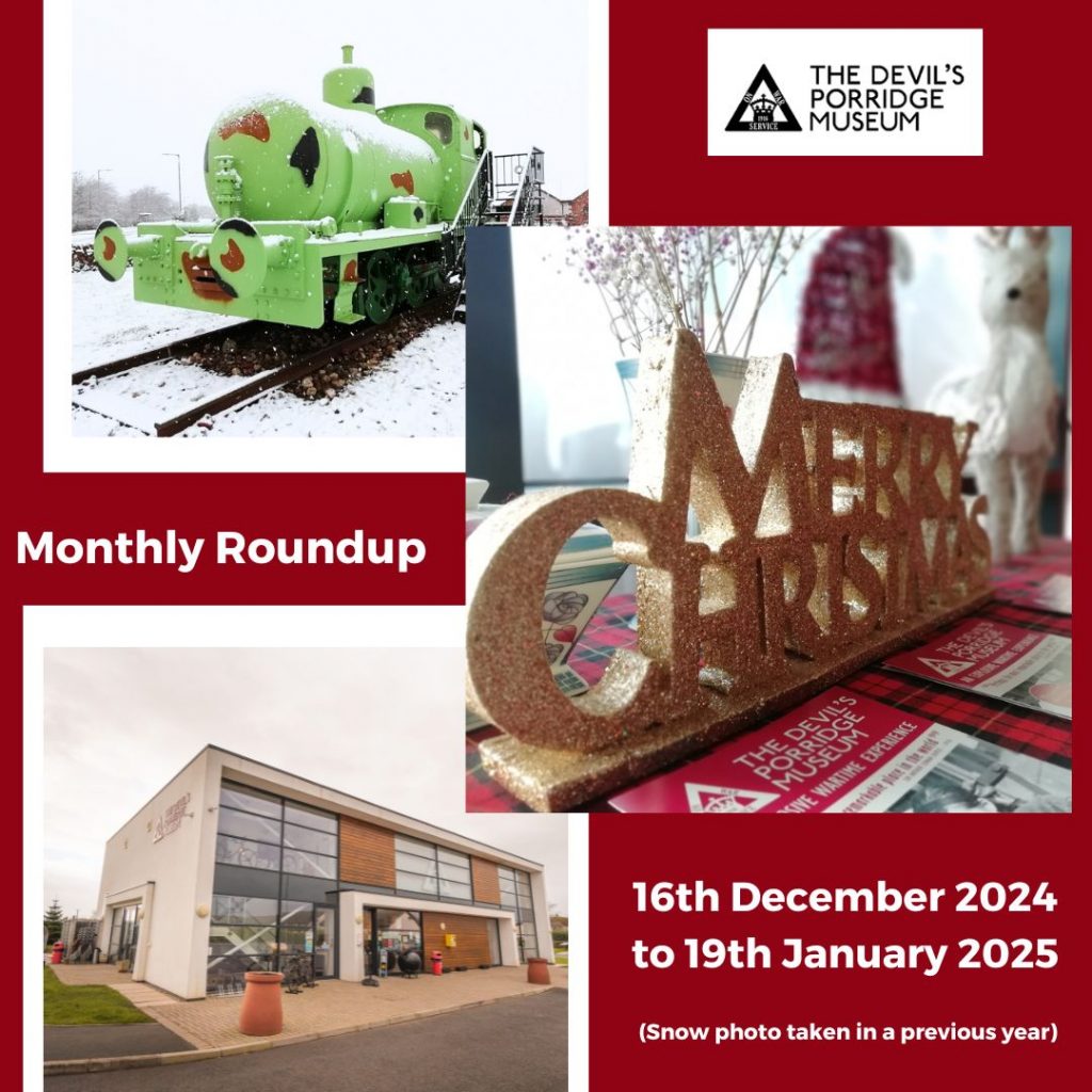 Monthly Roundup 16th December 2024 to 19th January 2025 graphic, which includes three photos of Sir James in the snow, some festive decorations and The Devil's Porridge Museum from outside.