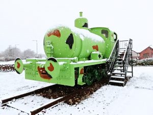 World War One Fireless Locomotive Sir James in the snow.