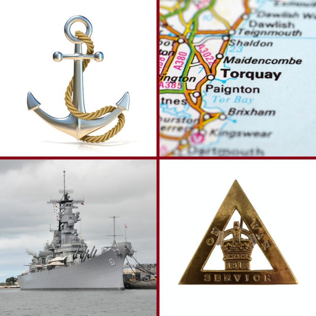 An anchor, a map featuring Torquay, the a Navy ship and an On War Service badge.