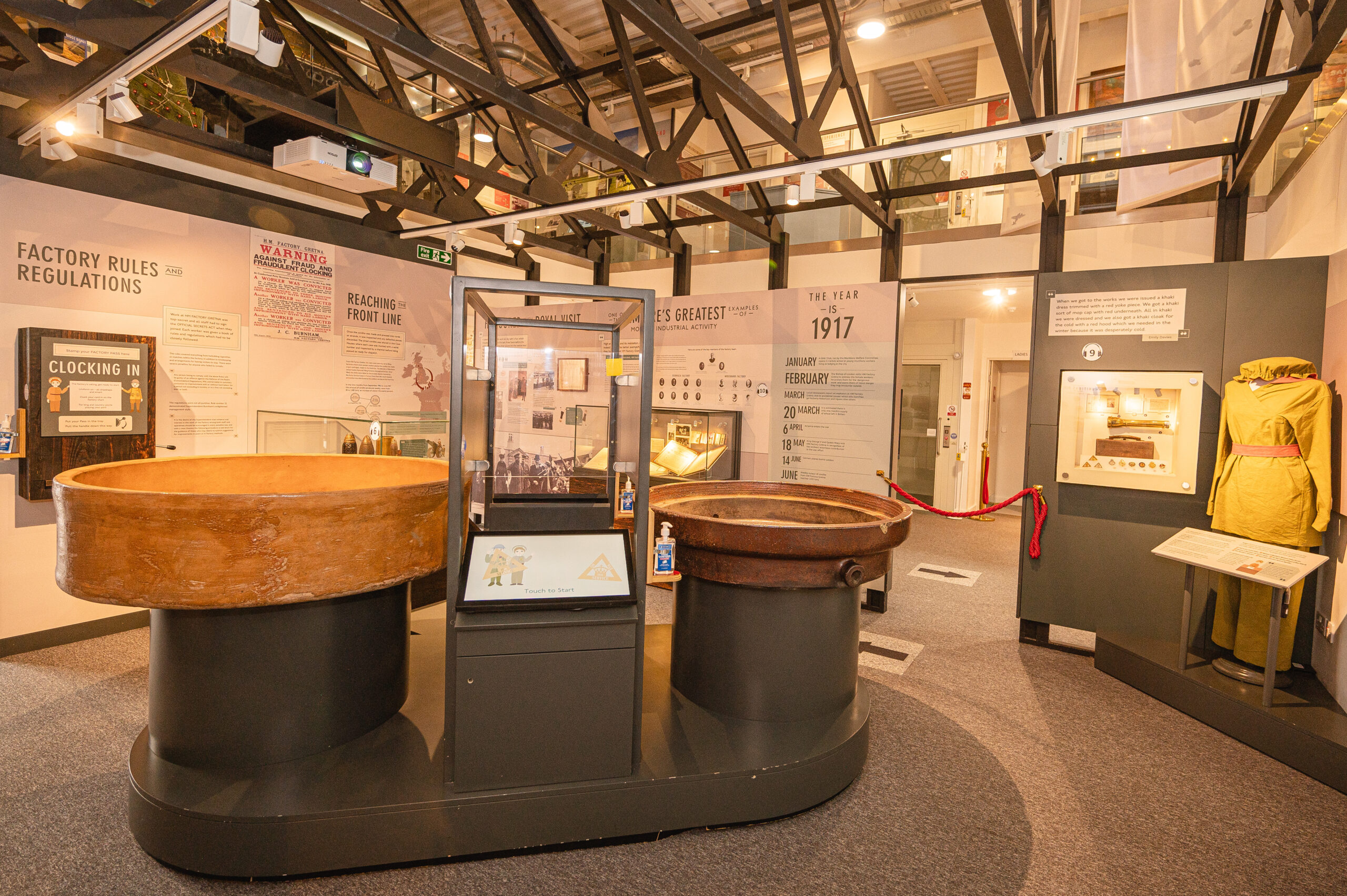 Inside The Devil's Porridge Museum with two nitrating pans on display.