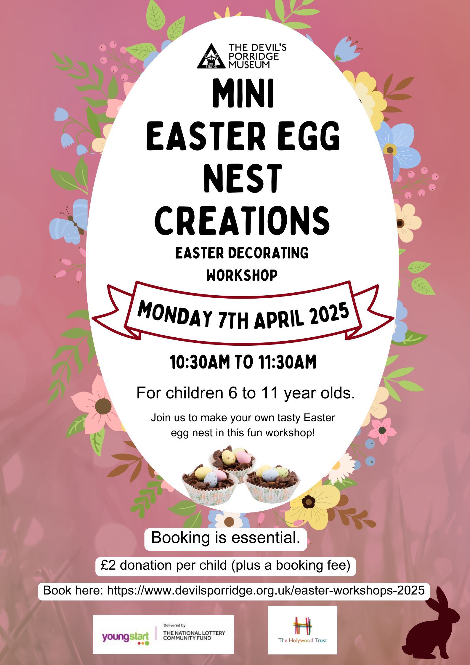 Poster for a Mini Easter Egg nest creations workshop for young people at The Devil's Porridge Museum on Monday 7th April 2025.