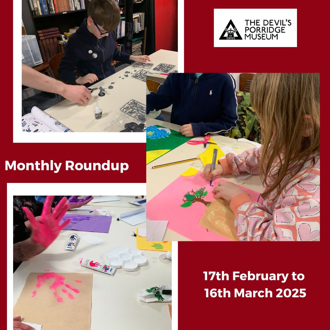 A collage of photos from Warhammer workshop, Sewing Hope Workshop and Cordite Club with some text. This reads Monthly Roundup 17th February to 16th March 2025
