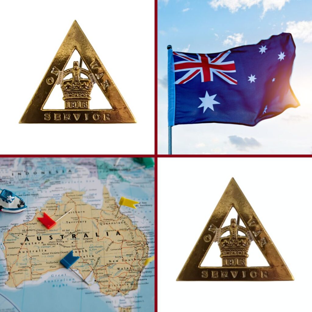 Two On War Service Badges, an Australian flag and Australia on a map.