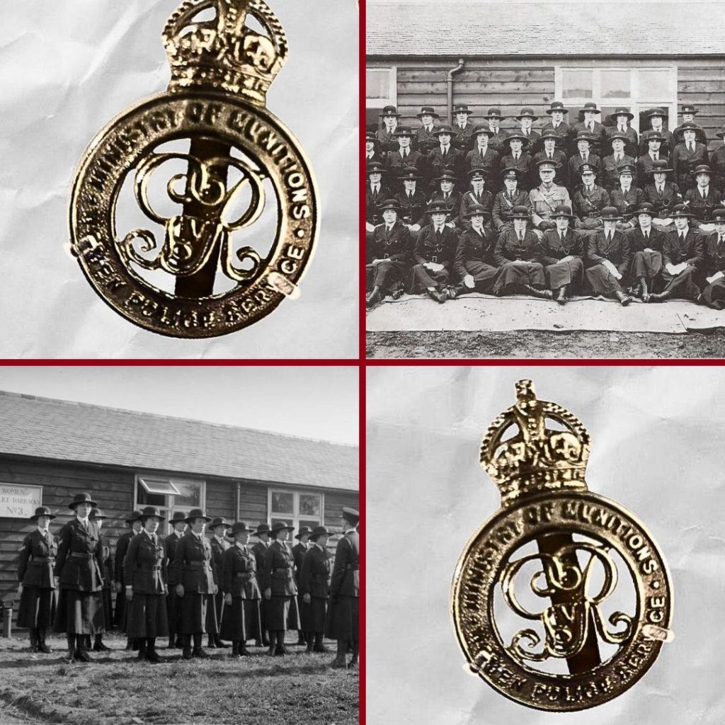 Two Women's Police Force Badges from World War One and two photos of H.M. Factory Gretna's Women's Police Force outside their barracks.