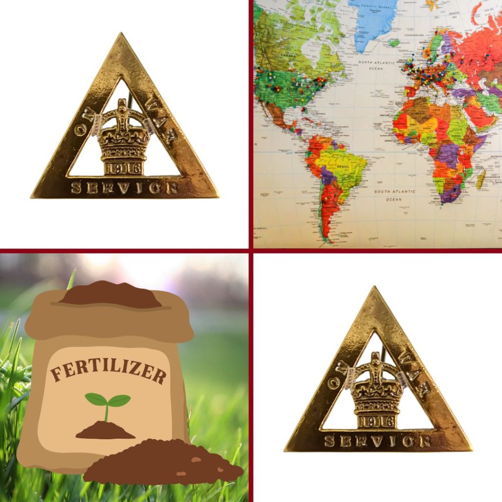 A collage of four photos. The first is an triangle shaped On War Service badge, the second is part of a world map, the third is another triangle shaped On War Service badge and the last is a cartoon of a bag of fertilizer.