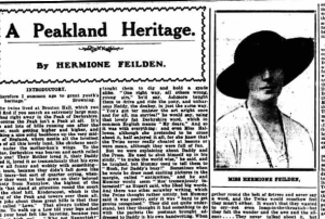 Miss Hermione Feildon wearing a large hat. This photo is from the Derbyshire Advertiser on Saturday 11th January 1924 and is next to the first instalment of her story 'A Peakland Heritage.'