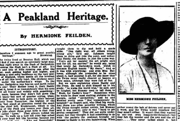 Miss Hermione Feildon wearing a large hat. This photo is from the Derbyshire Advertiser on Saturday 11th January 1924 and is next to the first instalment of her story 'A Peakland Heritage.'