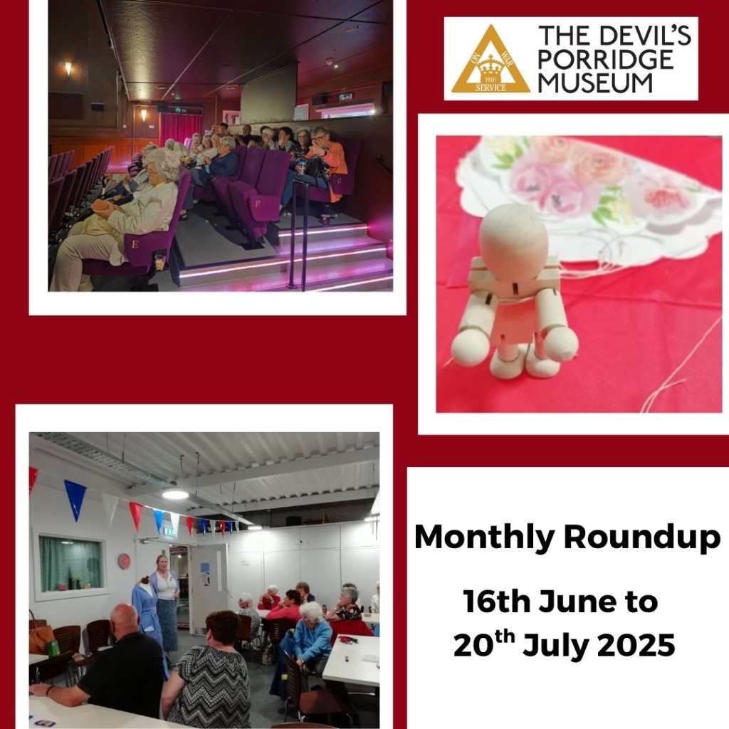 The museum's cordite club in a cinema, a toy parachute made in a workshop and a talk being given to the Cordite Club of retirees with some text , which reads Monthly Roundup 16th June to 20th July 2025.
