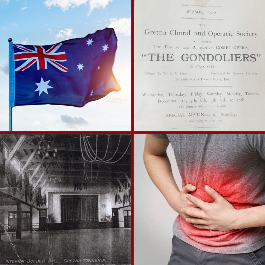 The Australian Flag, the front cover of a programme for The Gondoliers given by the Gretna Choral and Operatic society, a photo of the Border Hall in Gretna and someone suffering from indigestion.