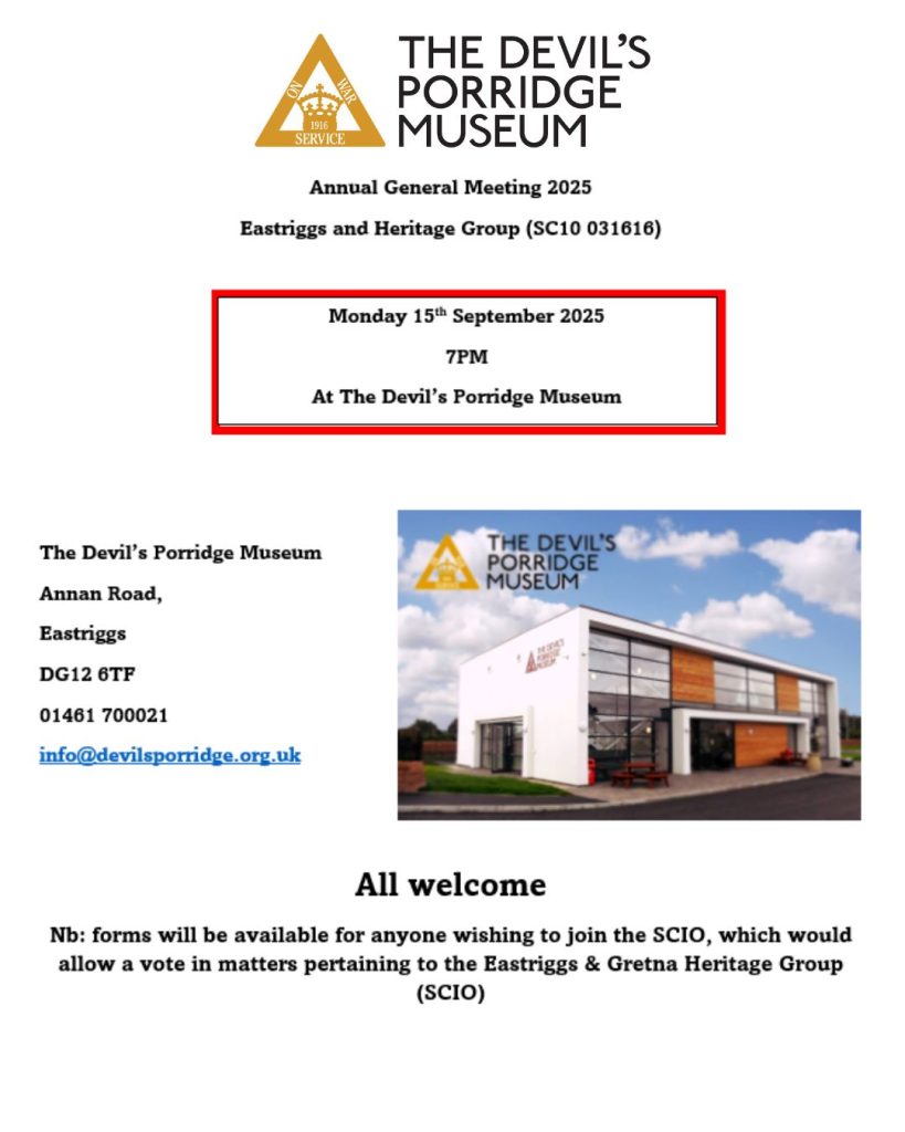 Poster for The Devil's Porridge Museum's annual general meeting happening on Monday 15th September 2024 at The Devil's Porridge Museum at 7pm.
