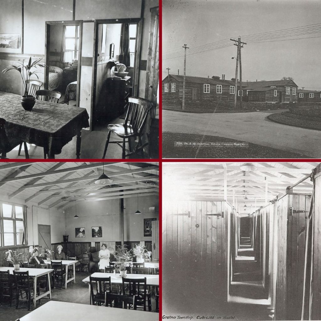 The inside of a hostel, the outside of one of the hostels, a hostel messroom and some cubical in a hostel in a collage of four photos.