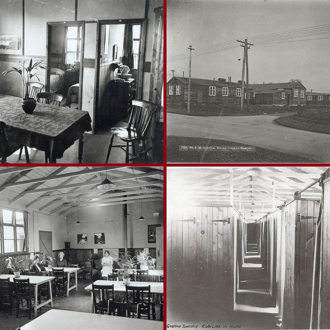 The inside of a hostel, the outside of one of the hostels, a hostel messroom and some cubical in a hostel in a collage of four photos.