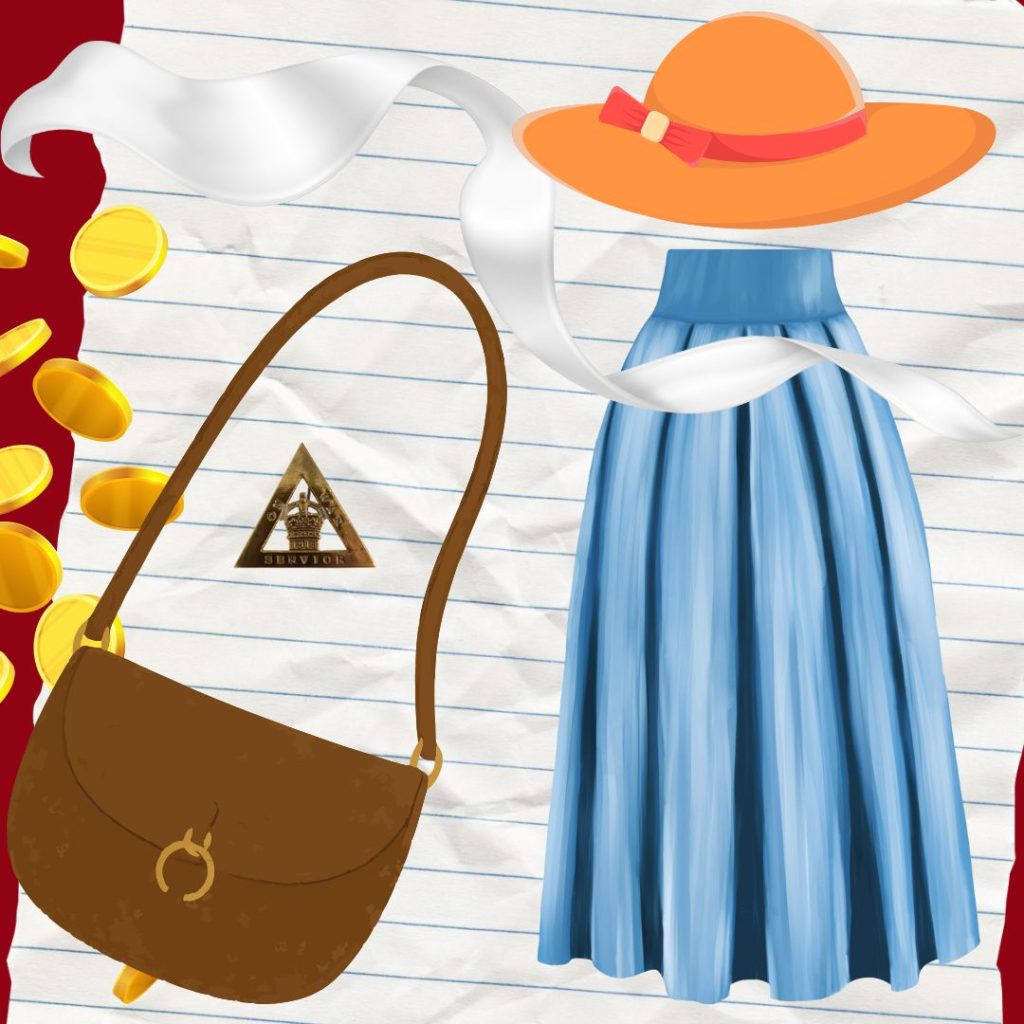 Illustrations of coins, a leather purse, a blue skirt, a lady's hat and a white silk scarf with a photo of an on War Service Badge. There is some lined paper in the background,