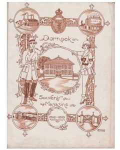 Illustrated page from the Dornock Souvenir Magazine. Two people stand either side of a circle with a house inside a a border featuring circle illustrations of different buildings in each corner.