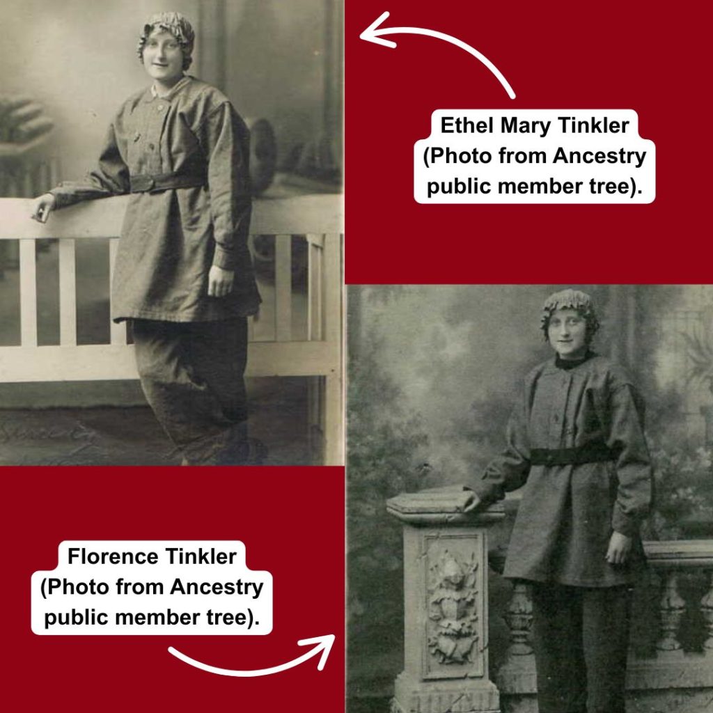 Ethel and Florence in their munitions workers uniforms.