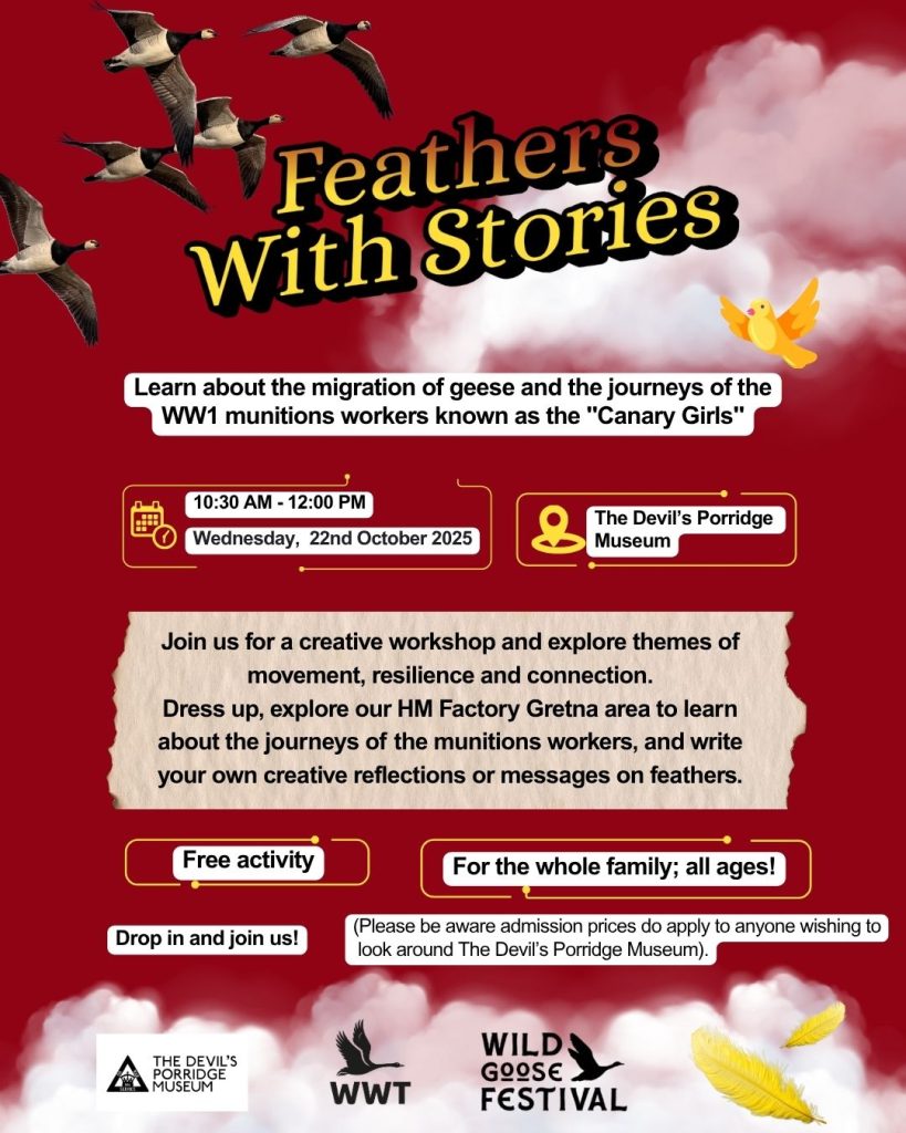 Poster for Free Feathers with Stories event happening at The Devil's Porridge Museum in October 2025. This is a free activity for all the family! Drop in and join us.
