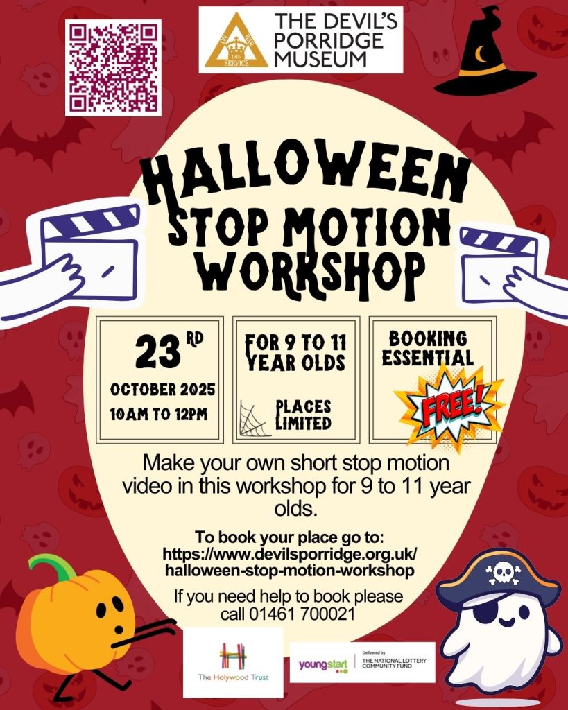 Halloween Stop Motion Workshop for 9 to 11 year olds on 23rd October 2025 from 10am to 12pm. Booking is essential, but tickets are free.