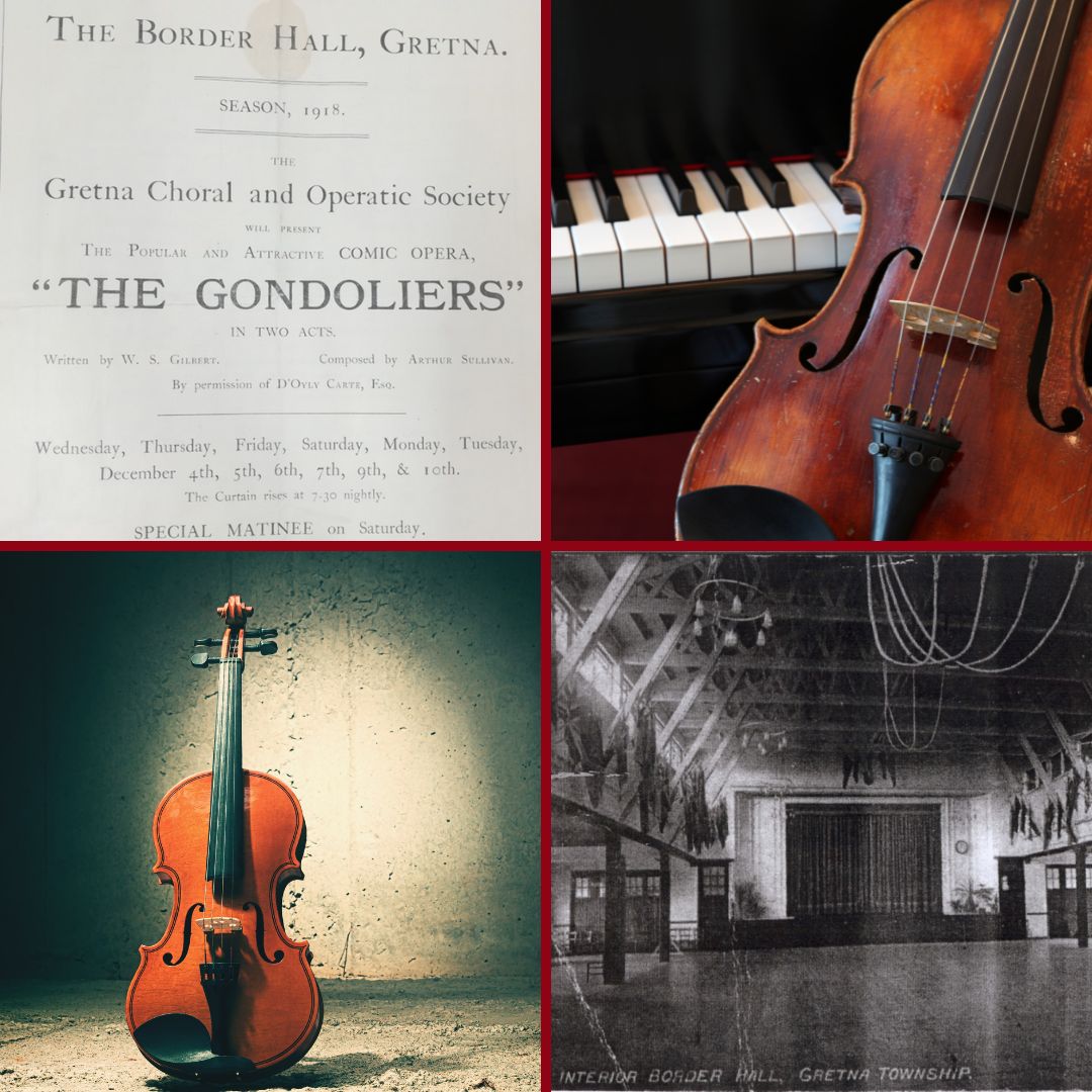 Front cover of "The Gondoliers" programme from performances at The Border Hall of Gretna, a violin in front of a piano, a spotlighted violin and the inside of The Border Hall in Gretna with a stage curtain at the other end of a large hall in a collage of four photos.