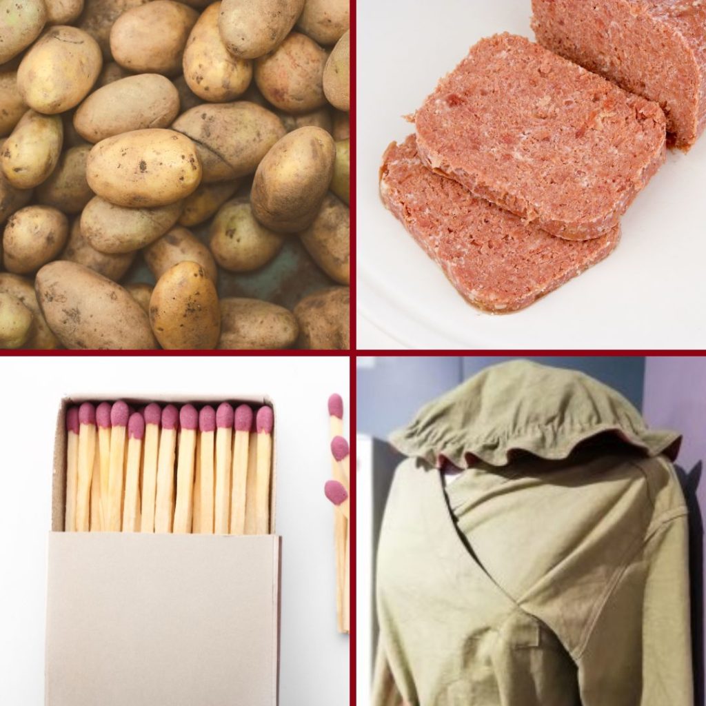Potatoes, some corn beef, a box of matches and a replica munitions workers uniform from H.M. Factory Gretna.