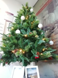 A Christmas tree decorated with lights and babbles inside The Devil's Porridge Museum.