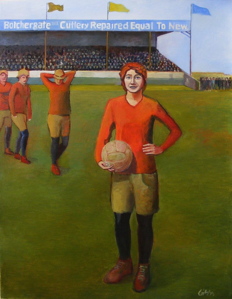 A painting featuring Mary Annie Anderson holding a football with some fellow members of the Mossband Swifts team in the background.
