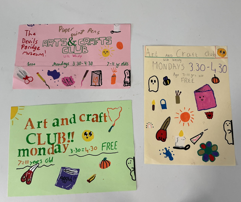 Three handmade posters for Arts and Crafts Club. These all explain that Arts and Crafts Club is on Mondays from 3.30pm to 4.30pm is for 7 to 11 year olds and is free. The posters are decorated with hand drawn illustrations.