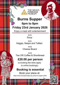 Menu for The Devil's Porridge Museum's Burns Supper which is happening on 23rd January 2026 from 6pm to 8pm. The menu includes soup, haggis, a cheese board and tea or coffee. Tickets are £20 per person and booking is essential.