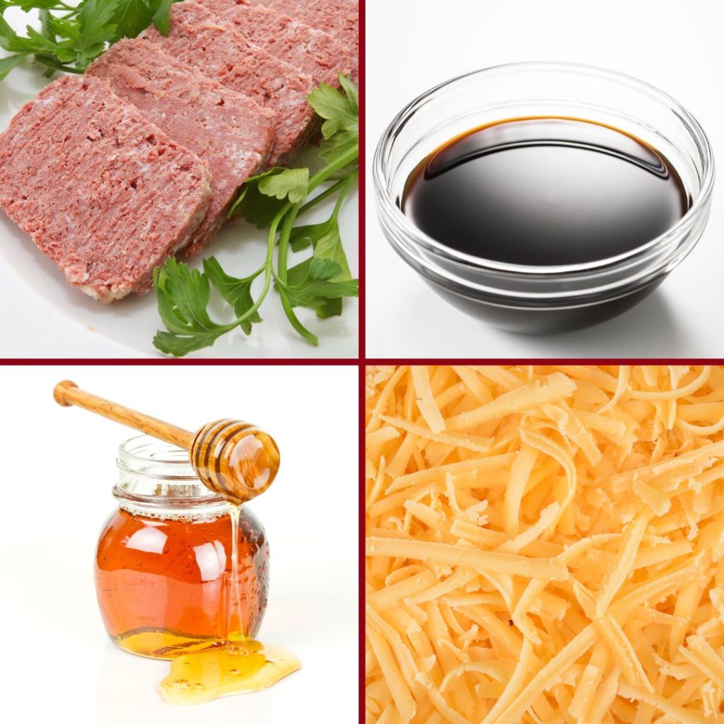 A collage of four photos which include some slices of corn beef, a bowl of Worchester sauce, a jar of honey and some grated cheese.