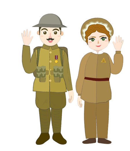 Cartoon of a soldier and munitions worker waving.