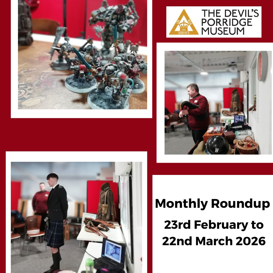 Monthly Roundup for 23rd February to 22nd March graphic which includes a photo of some Warhammer miniatures, someone playing bagpipes and someone talking.