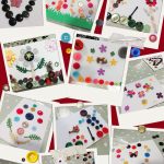 An assortment of artwork made out of buttons on canvases shown in a collage of photos. The artwork designs include flowers, hearts, butterflies, people, patterns and gardeners all made out of buttons. The artwork is colourful.