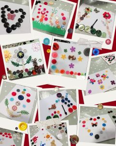 An assortment of artwork made out of buttons on canvases shown in a collage of photos. The artwork designs include flowers, hearts, butterflies, people, patterns and gardeners all made out of buttons. The artwork is colourful.