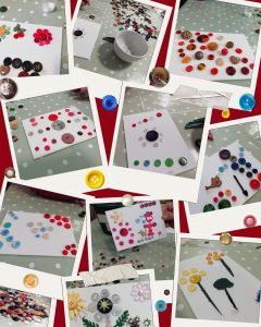 An assortment of artwork made out of buttons on canvases shown in a collage of photos. The artwork designs include flowers, people, patterns and gardeners. These are all made out of buttons. The artwork is colourful.
