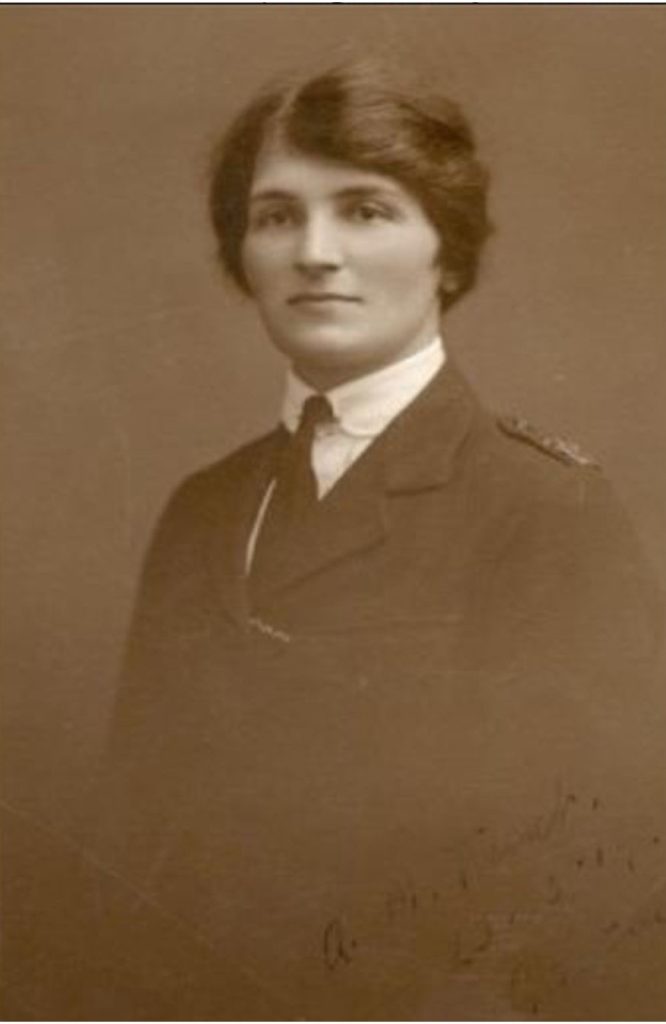 Alice Maud Trent in a police uniform. We think this is the uniform she would have worn at H.M. Factory Gretna. This is a black and white photo from Ancestry Public Member Tree.