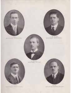 A page from The Dornock Farewell magazine featuring portraits of five gentlemen in suits. Arthur Parkin is in the photo to the top left and he looks happy.