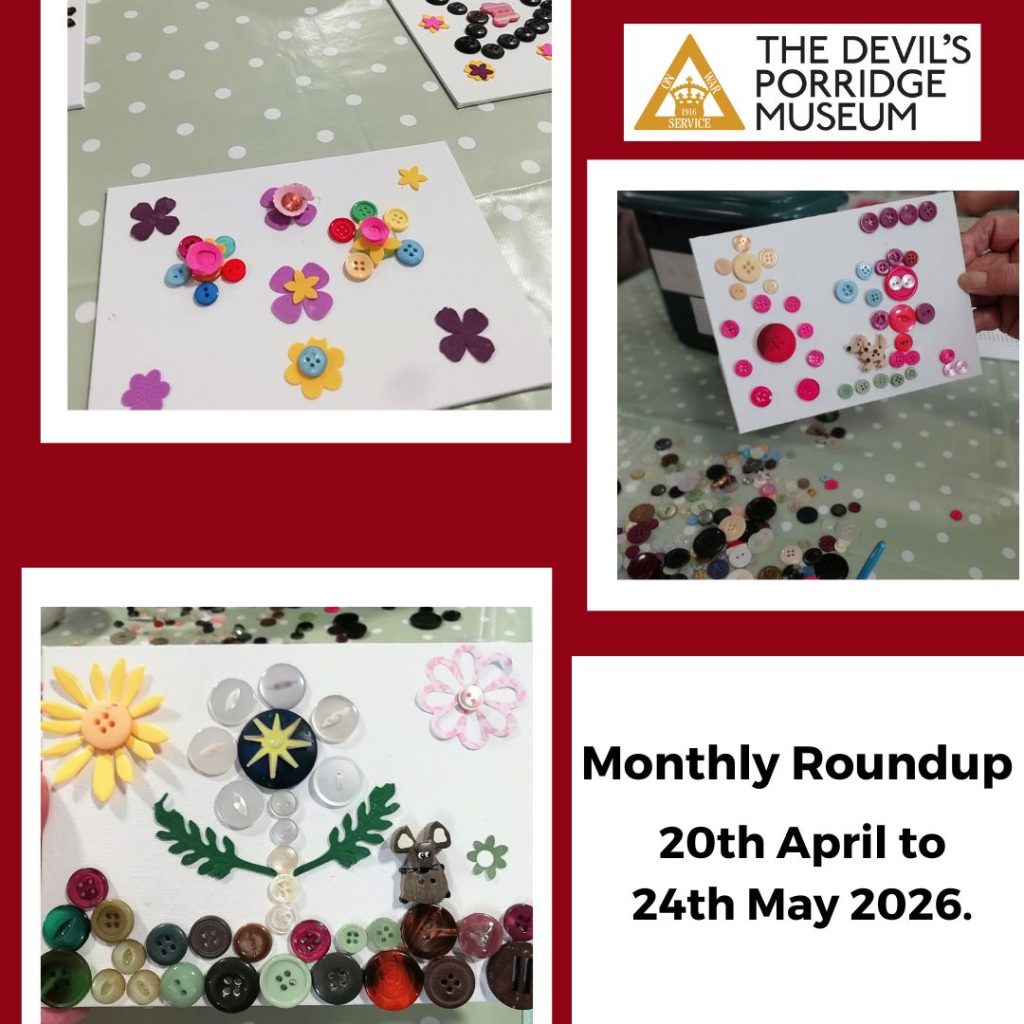 Monthly Roundup 20th April to 24th May 2026. This includes three photos of artwork. The first features flowers made out of buttons, the second is of a dog walker made out of buttons and a flower in a garden made out of flowers.