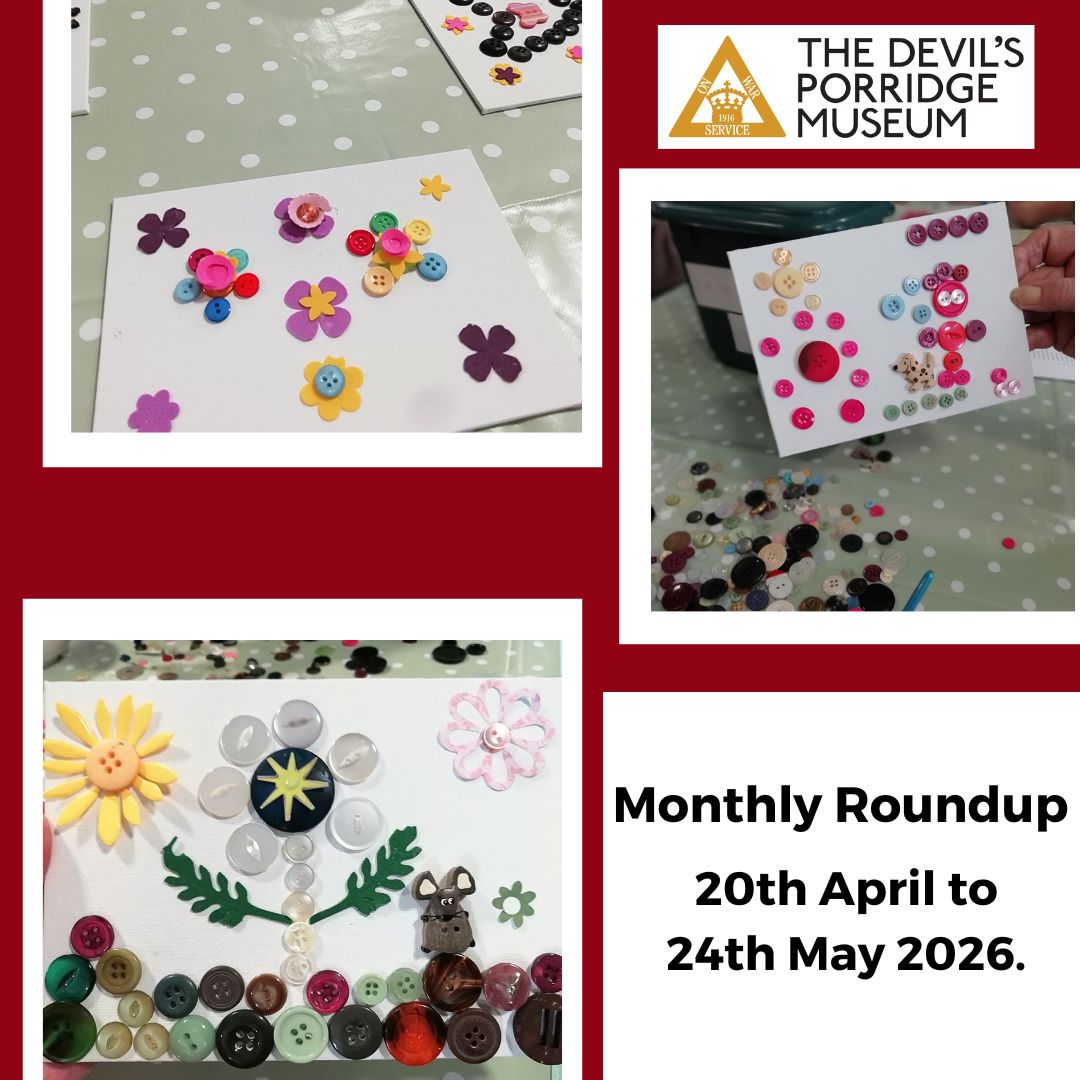 Monthly Roundup 20th April to 24th May 2026. This includes three photos of artwork. The first features flowers made out of buttons, the second is of a dog walker made out of buttons and a flower in a garden made out of flowers.